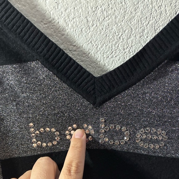 BeBe Striped Black And Grey Metallic Long Sleeve Bodycon Sweater Dress - Picture 9 of 10